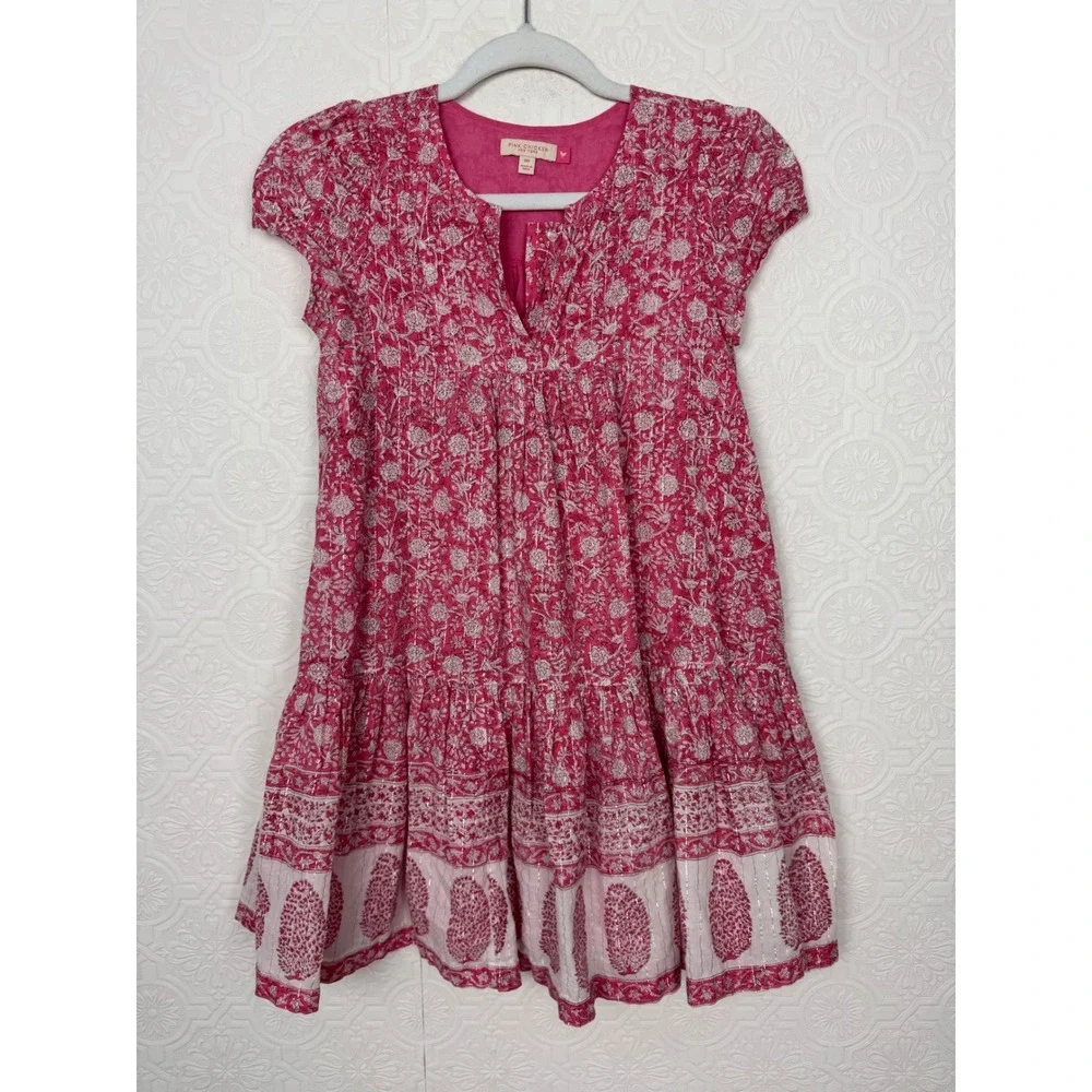 Pink Chicken Adele Girls Dress 10Y Pink Floral Cotton Metallic Block Print Boho